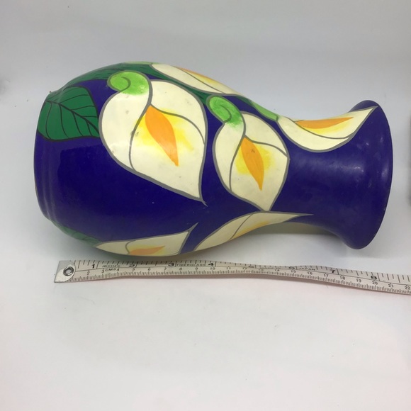 Vtg Mexican Blue Calla Lily Flower Hand Painted Red Clay Vase Pottery Folk Art - Picture 7 of 7